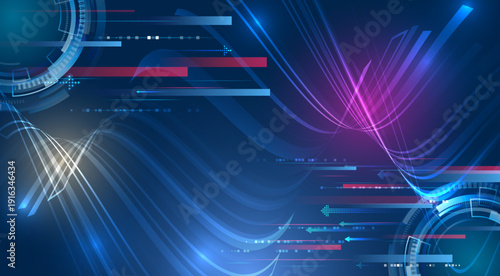 Futuristic digital background with flowing light waves, data streams, and HUD elements in blue and purple tones, symbolizing high technology, analytics, and virtual connectivity.