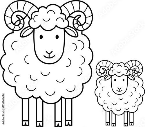 "Cartoon rams with curly wool and spiral horns, playful animal illustration symbolizing livestock, farm animals, nature, and educational vector art design"
