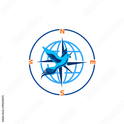 Modern travel and tourism logo with globe, compass rose and flying bird icon for travel agency.
