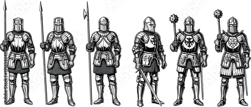 Medieval knight armor illustration set showing armored warriors with weapons for history fantasy battle character vector design