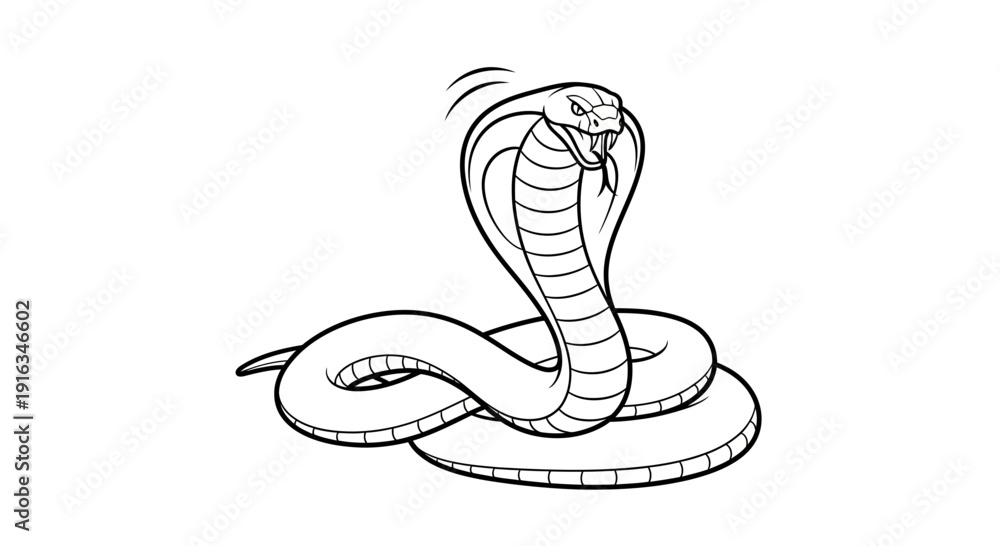 Fototapeta premium Aggressive Cobra Snake Ready to Strike, Black and White Line Art