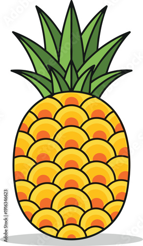 "Stylized pineapple with geometric patterned skin and green leaves, colorful tropical fruit illustration symbolizing summer, freshness, healthy food, and decorative vector design"