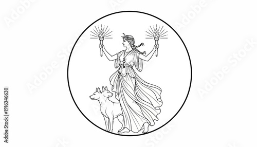 Ancient Goddess Hecate Holding Torches with Dog, Symbol of Magic, Witchcraft, and Crossroads