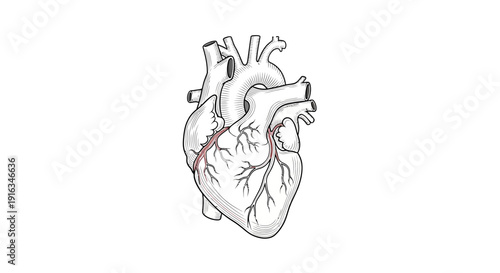 Anatomical illustration of a human heart with visible coronary arteries, black and white sketch style.