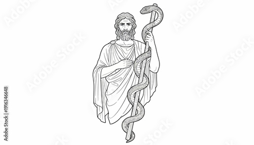 Ancient Greek god Asclepius holding a Rod of Asclepius with a snake, symbol of medicine