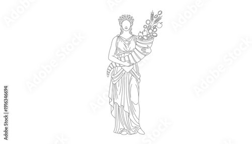 Ancient Greek Goddess Ceres Cornucopia Harvest Abundance Line Art Illustration