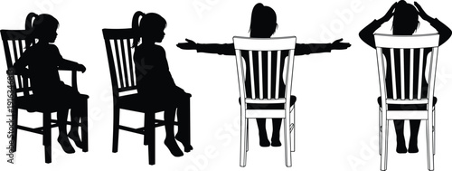 Little girl sitting on chair silhouette collection isolated on white background child behavior pose vector illustration set
