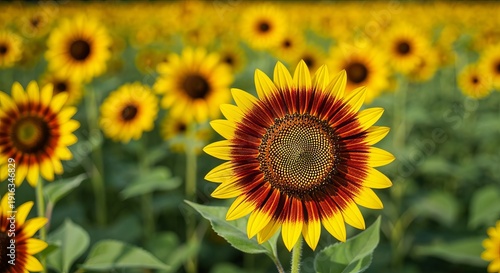 Vibrant sunflower soaking up the sun in a stunning field of sunflowers with beautiful bokeh effect