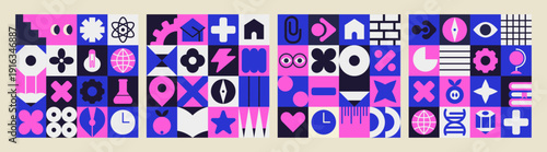 Colorful set geometry mosaic for kids with school icon and study illustration.