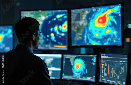 Wallpaper Mural Scientist analyzes hurricane data on multiple computer screens showing weather maps and storm patterns. He monitors severe weather with advanced tech in control room. Torontodigital.ca