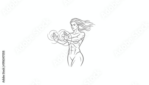 Woman conjuring energy orbs, dynamic pose, fantasy illustration