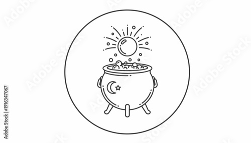 Witch's Cauldron with Bubbling Potion and Celestial Symbols