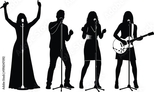 Music band singer silhouettes performing on stage with microphone and guitar isolated on white background vector illustration