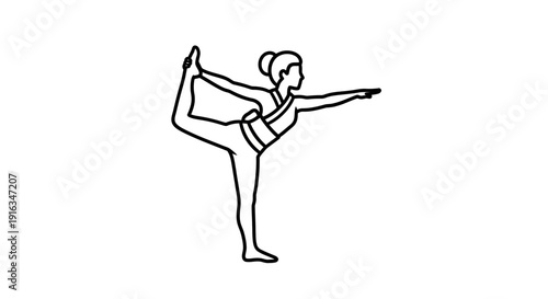 Woman practicing yoga dancer pose, Natarajasana, line art illustration, fitness and wellness concept