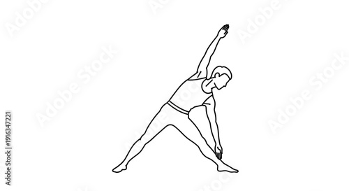 Woman practicing triangle pose (Trikonasana) in yoga, line art illustration