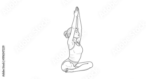 Woman practicing yoga in sukhasana pose with hands raised overhead, line art illustration