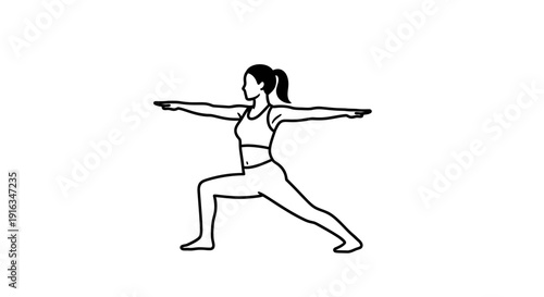 Woman practicing yoga warrior pose, line art illustration, fitness and wellness concept