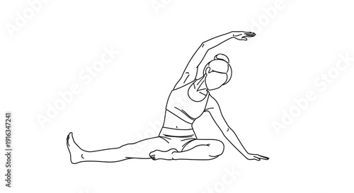 Woman stretching side body in yoga pose on floor, line art illustration