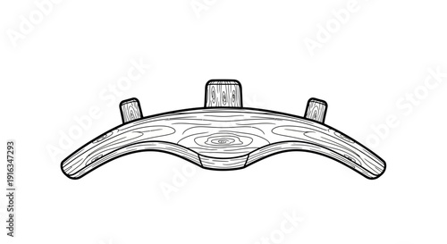 Wooden curved stand with two supports and central element, line art drawing