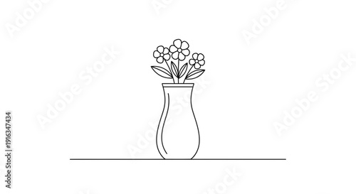 Simple Line Art Vase with Flowers on White Background