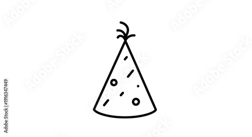 Simple Line Art Party Hat Icon with Confetti Dots and Tassel
