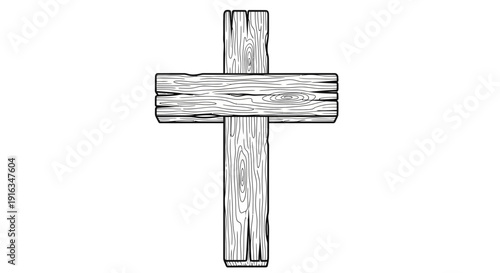 Rustic Wooden Cross, Hand-Drawn Sketch Style, Symbol of Faith and Christianity