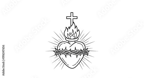 Sacred Heart of Jesus Christ, Crown of Thorns, Flaming Heart, Cross, Religious Symbol
