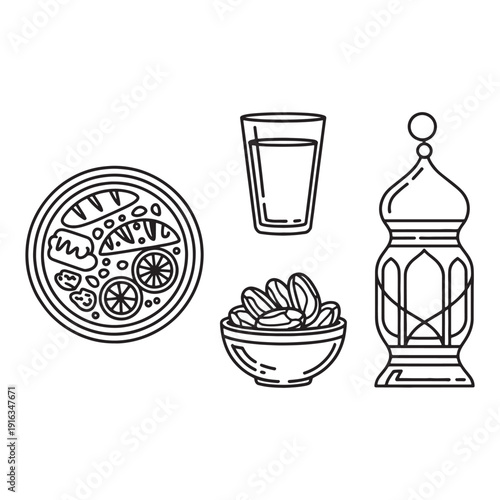 Traditional Ramadan Table Elements Clipart in Outline Style