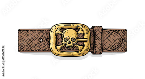 Pirate Belt Buckle with Skull and Crossbones, Brown Leather Strap