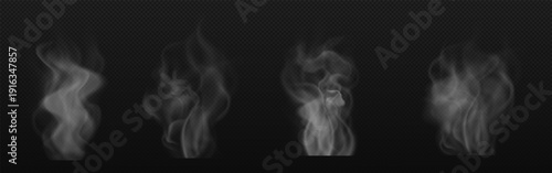 Realistic White Smoke Collection Isolated on Transparent Background, Fog and Steam Overlay Effect Vector Set