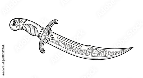 Pirate Dagger with Skull and Crossbones Handle - Black and White Illustration