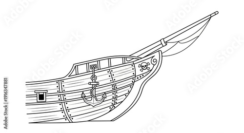 Pirate Ship Bow with Anchor and Skull Symbol, Black and White Line Art