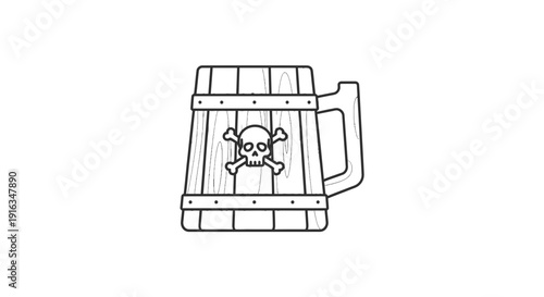 Pirate Mug with Skull and Crossbones Emblem, Wooden Tankard Icon