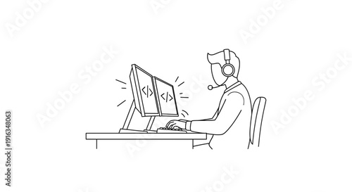 Programmer working on dual monitors with code symbols, wearing headset, focused on coding