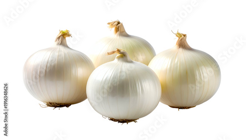 Wallpaper Mural Four round, white alliums, with papery outer layers, arranged against a stark black background. Natural food Torontodigital.ca