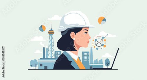 Female engineer with hard hat working on laptop in industrial cityscape