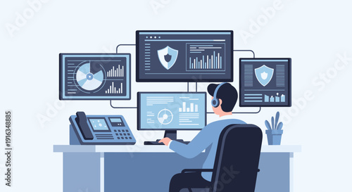 Network security specialist monitoring systems in office with multiple screens