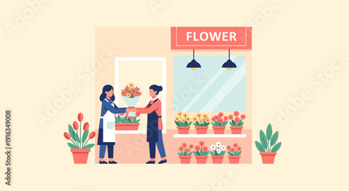Charming floral shopfront with customers in flat design style