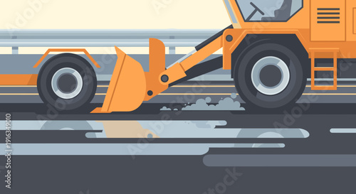 Roadwork machinery on wet asphalt with puddles and reflections