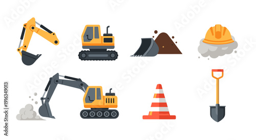 Colorful construction equipment icons set for design projects