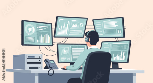 Analyst monitoring multiple screens in modern office setup with data visualization