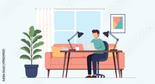 Minimalist home office with person working on laptop by window