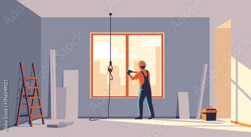 Worker installing window in modern home interior with clean and minimalist style