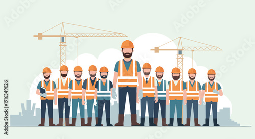 Team of construction workers with cranes in background