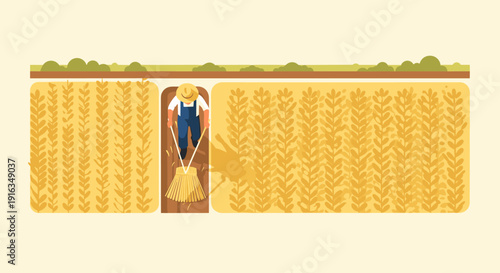 Farmer harvesting wheat in a field with golden crops in flat design