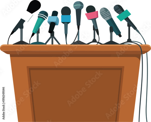 Press Conference Podium Vector – Wooden Tribune with Microphones