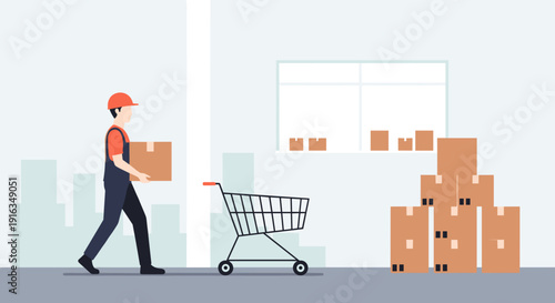 Warehouse worker with cart and boxes in minimalist style background
