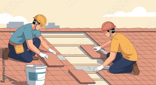 Roofers at work: flat style roofing construction scene with workers and tiles