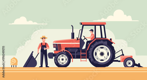 Farmer operating tractor in flat minimalist agricultural landscape