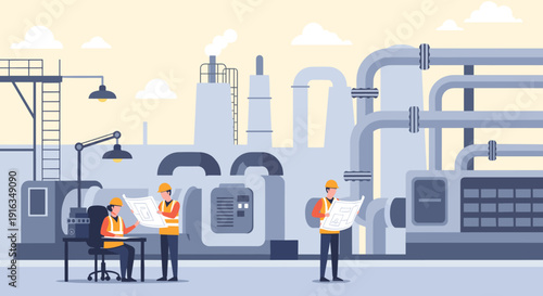 Industrial engineers analyzing factory blueprints in modern facility